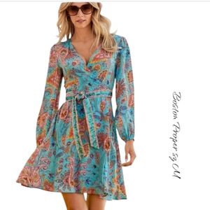 Boston Proper Beach Paisley Embellished Wrap Mini Dress Blue M NWOT